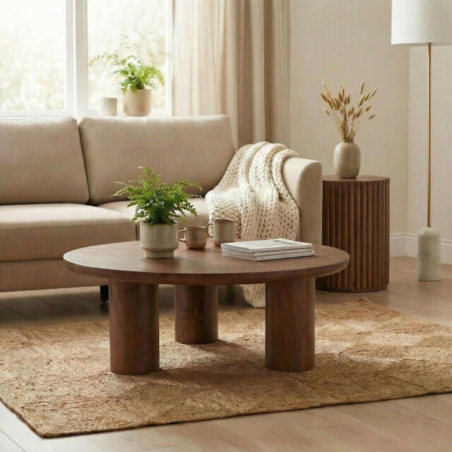 Teton Round Walnut Wood 3 Leg Coffee Table - image 1