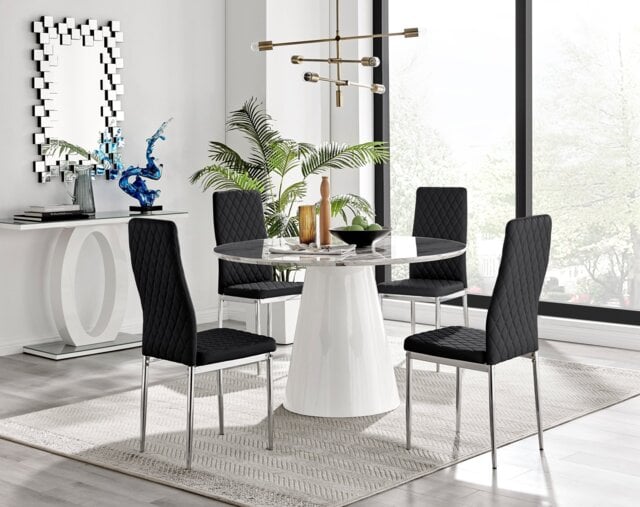 Palma White Marble Effect Round Dining Table & 4 Milan Chrome Leg Chairs - image 1