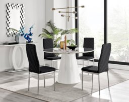 Palma White Marble Effect Round Dining Table & 4 Milan Chrome Leg Chairs - thumbnail 1