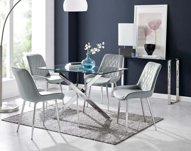 Furniturebox Leonardo 4 Table and 4 Pesaro Silver Leg Chairs, Velvet/Metal/Tempered Glass in Grey - Size: 53x87x63 cm - image 1