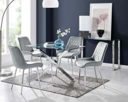 Furniturebox Leonardo 4 Table and 4 Pesaro Silver Leg Chairs, Velvet/Metal/Tempered Glass in Grey - Size: 53x87x63 cm