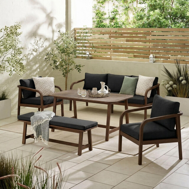 Lydiard Walnut Wood & Black 7 Seat Garden Dining Set - image 1