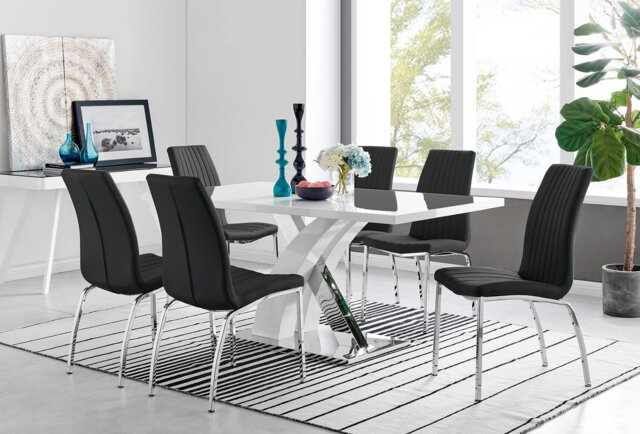 Atlanta Modern Rectangle Chrome Metal High Gloss White Dining Table And 6 Isco Chairs Set - image 1