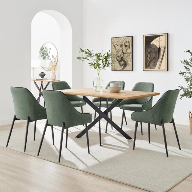 Leonardo Oak Effect Dining Table & 6 Beaumont Green Fabric Chairs - image 1