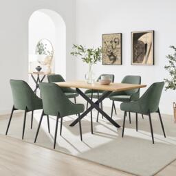 Leonardo Oak Effect Dining Table & 6 Beaumont Green Fabric Chairs - thumbnail 1
