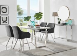 Kylo White Marble Effect Dining Table & 4 Falun Silver Leg Chairs