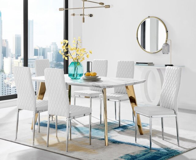 Andria Gold Leg Marble Effect Dining Table and 6 Milan Chairs - image 1