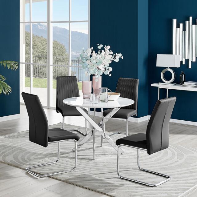 Novara White High Gloss Round Dining Table & 4 Lorenzo Chairs - image 1