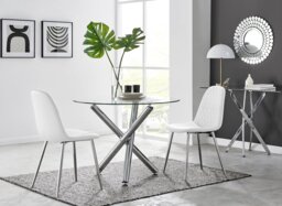 Selina Round Glass Chrome Leg Dining Table and 2 Corona Silver Leg Chairs