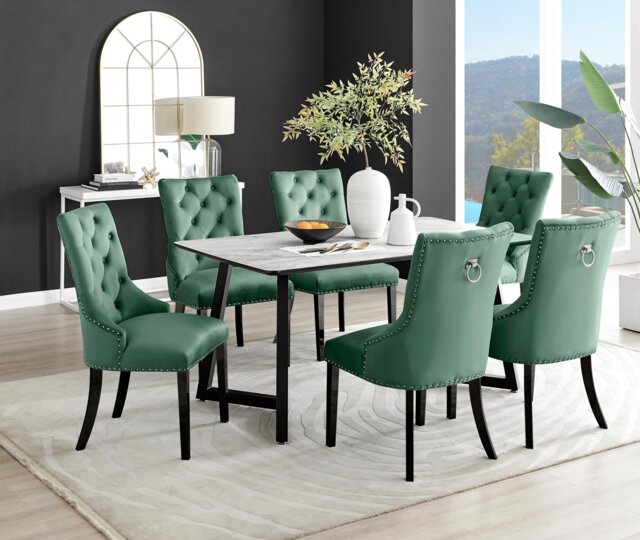 Carson White Marble Effect Dining Table & 6 Belgravia Black Leg Chairs - image 1