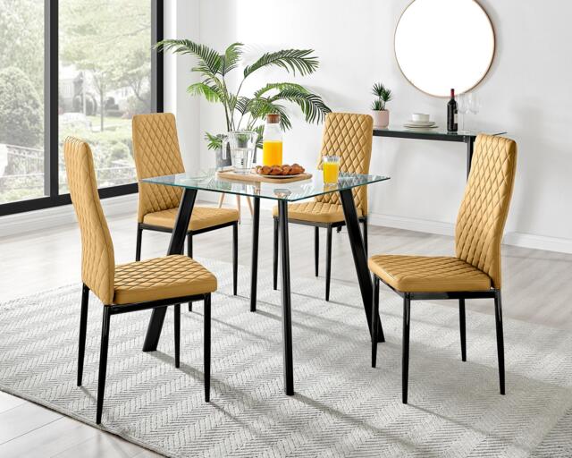 Seattle Glass Black Leg Square Dining Table & 4 Velvet Milan Black Leg Chairs - image 1