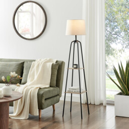 Kessia Black Standing Floor Lamp with Shelves - thumbnail 2