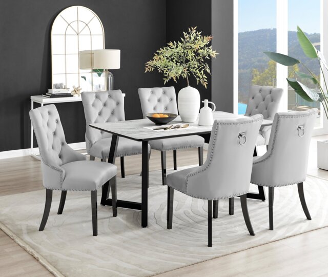 Carson White Marble Effect Dining Table & 6 Belgravia Black Leg Chairs - image 1