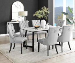 Carson White Marble Effect Dining Table & 6 Belgravia Black Leg Chairs - thumbnail 1
