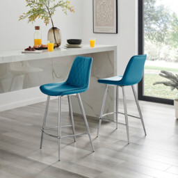 2x Pesaro Blue Velvet Counter Stools Silver Legs - thumbnail 1