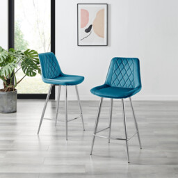 2x Pesaro Blue Velvet Counter Stools Silver Legs - thumbnail 2