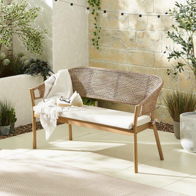 Asa Wood, Wicker & Cream 2/3 Seater Garden Bench - image 1