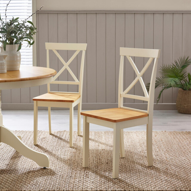 2x Millford Oak and Cream Solid Wood Crossback Dining Chairs - image 1