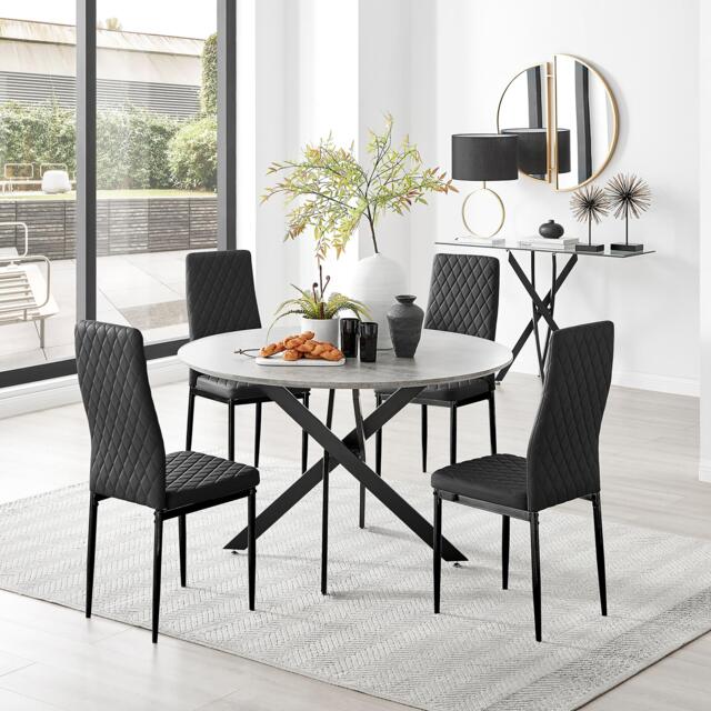 Novara Grey Concrete Effect Black Leg 120cm Round Dining Table & 4 Milan Black Leg Chairs - image 1