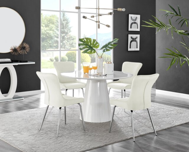 Palma White High Gloss Round Dining Table & 4 Nora Silver Leg Chairs - image 1