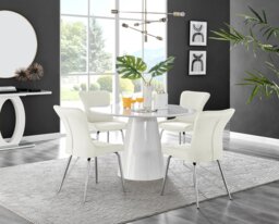 Palma White High Gloss Round Dining Table & 4 Nora Silver Leg Chairs - thumbnail 1