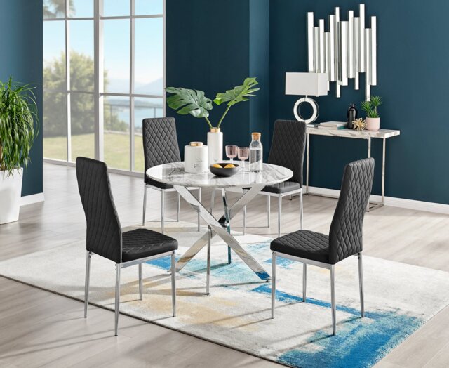 Novara White Marble Round Dining Table & 4 Milan Chrome Leg Chairs - image 1