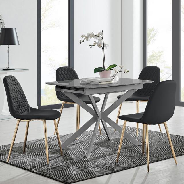 Lira 100cm Grey Metal Extending Dining Table & 4 Corona Gold Leg Chairs - image 1