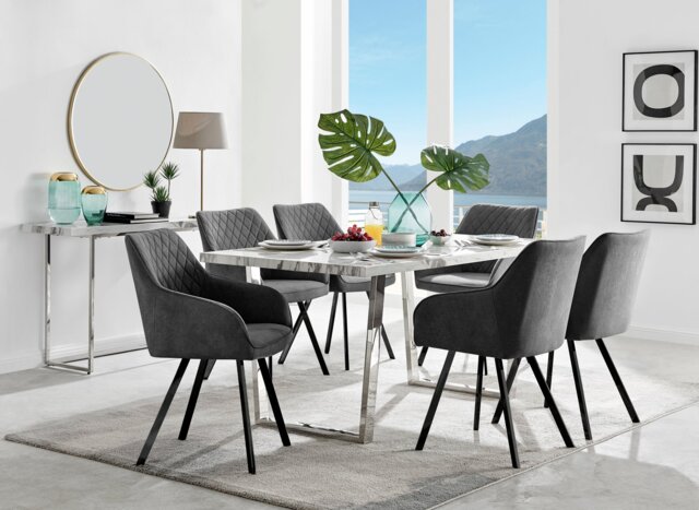 Kylo White Marble Effect Dining Table & 6 Falun Black Leg Chairs