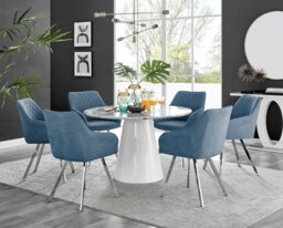 Palma White Marble Effect Round Dining Table & 6 Falun Silver Leg Chairs