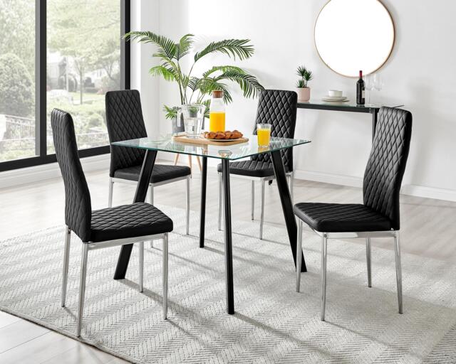 Seattle Glass and Black Leg Square Dining Table & 4 Milan Chrome Leg Chairs - image 1