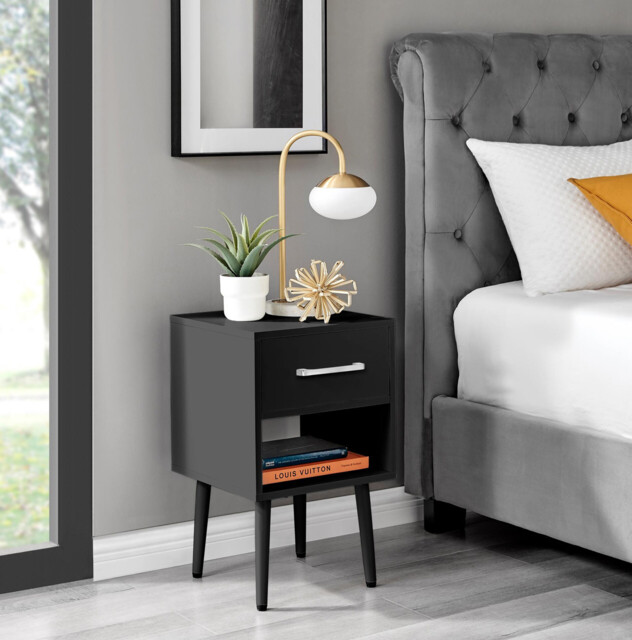 Taylor 1 Drawer Black Bedside Table Silver Handles - image 1