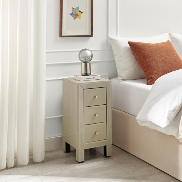 Lexi Small Slimline Taupe 3 Drawer Mirrored Bedside Table - image 1