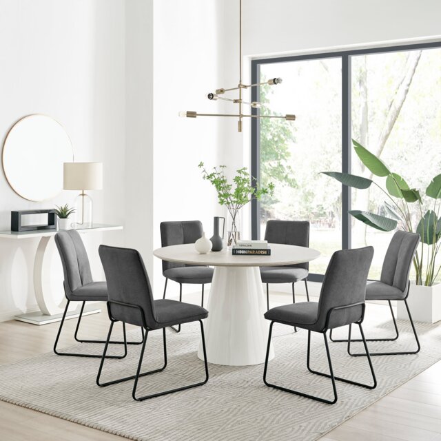 Palma Beige Stone Effect Round Dining Table & 6 Halle Chairs - image 1