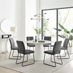 Palma Beige Stone Effect Round Dining Table & 6 Halle Chairs - thumbnail 1