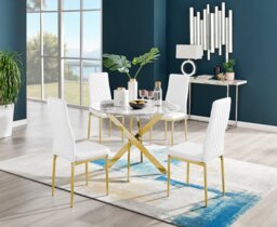 Novara White Marble Gold Leg Round Dining Table & 4 Milan Gold Leg Chairs