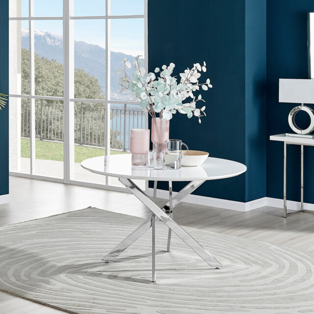 Novara Round White High Gloss and Silver Metal 4- 6 Seater Dining Table - image 1