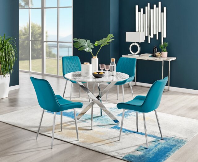 Novara White Marble Round Dining Table & 4 Pesaro Silver Leg Chairs - image 1