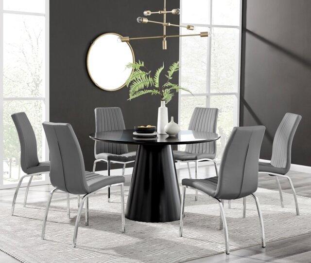 Palma Black Semi Gloss Round Dining Table & 6 Isco Chairs