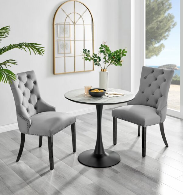 Elina White Marble Effect Round Dining Table & 2 Belgravia Black Leg Chairs - image 1