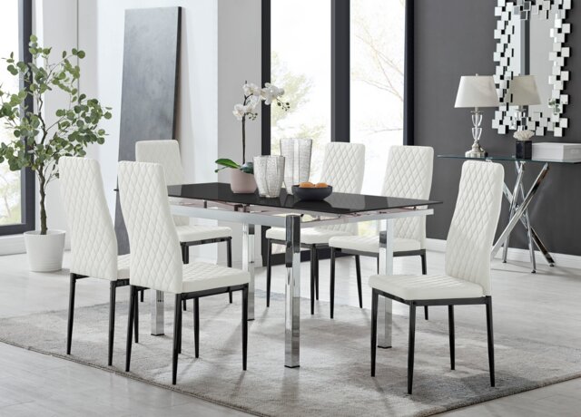 Enna Black Glass Extending Dining Table and 6 Milan Black Leg Chairs - image 1