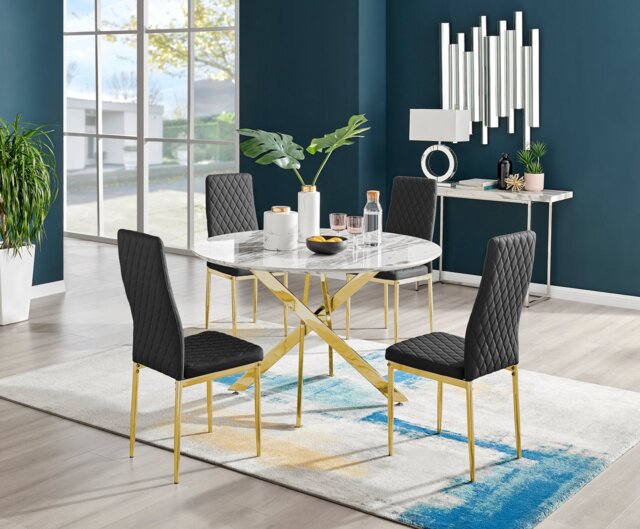 Novara White Marble Gold Leg 120cm Round Dining Table & 4 Milan Gold Leg Chairs - image 1