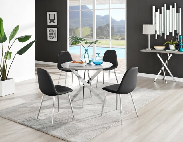 Novara Grey Concrete Effect Round Dining Table & 4 Corona Silver Leg Chairs - image 1