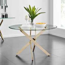 Novara Round Glass and Gold Metal 6 Seater Dining Table