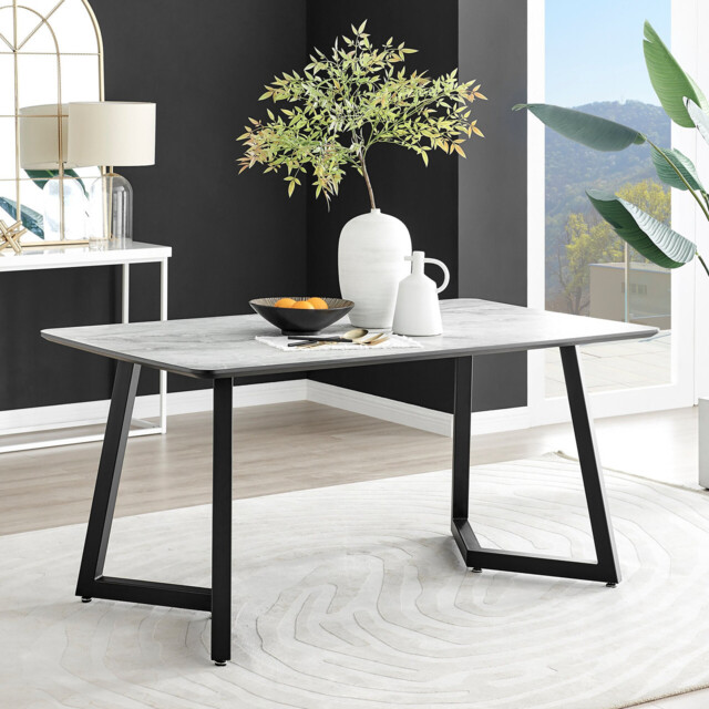 Carson Rectangular White Marble Effect and Black Metal 6 Seater Dining Table - image 1