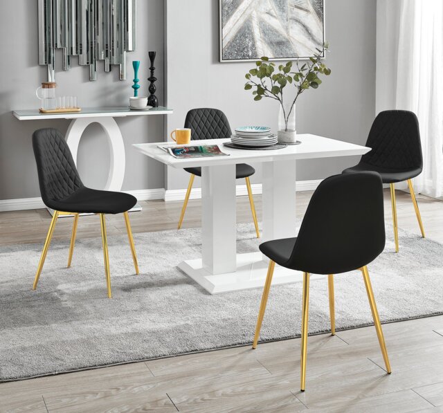 Imperia 4 Modern White High Gloss Dining Table And 4 Corona Gold Chairs Set - image 1