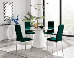 Palma White Marble Effect Round Dining Table & 4 Velvet Milan Chairs