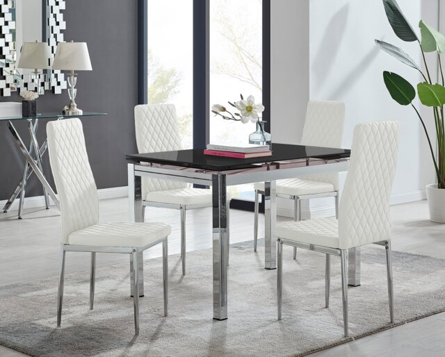 Enna Black Glass Extending Dining Table and 4 Milan Chairs - image 1