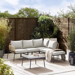 Furniturebox Maldives Beige & Taupe 5 Seat Garden Sofa Set, Rattan in Grey/Cream/Natural - Size: 210x71x67 cm