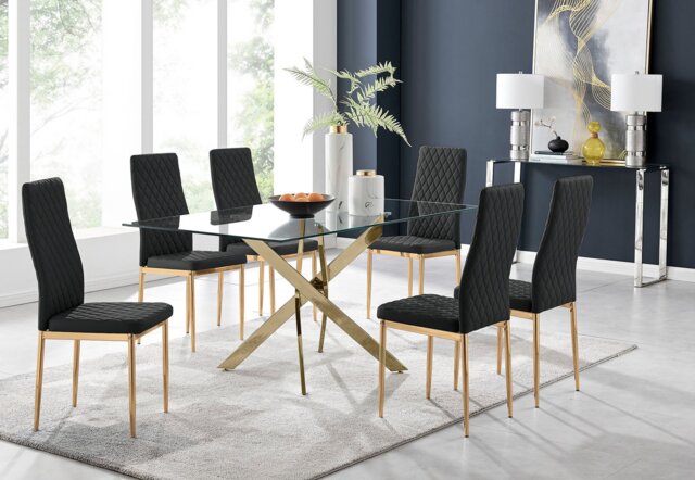 Leonardo 6 Gold Dining Table and 6 Gold Leg Milan Chairs - image 1