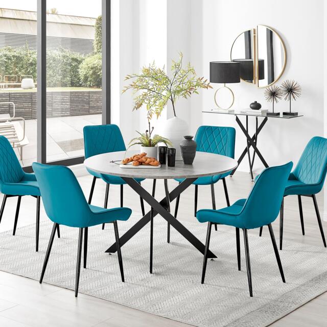 Novara Grey Concrete Effect Black Leg 120cm Round Dining Table & 6 Pesaro Black Leg Chairs - image 1